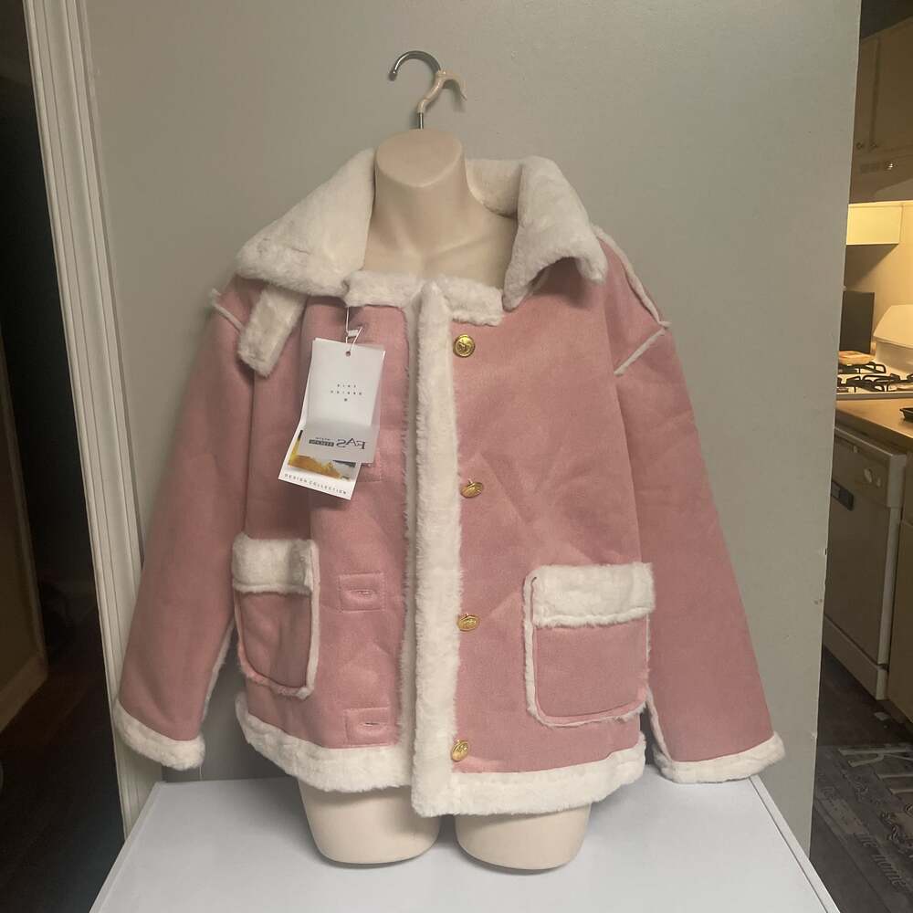 Women's Fall/Winter Pink Coat With White Vegan Fur Trim/Cuffs/Collar
